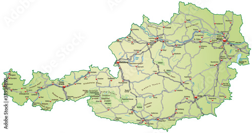 Landkarte von Österreich mit Verkehrsnetz in gruen.