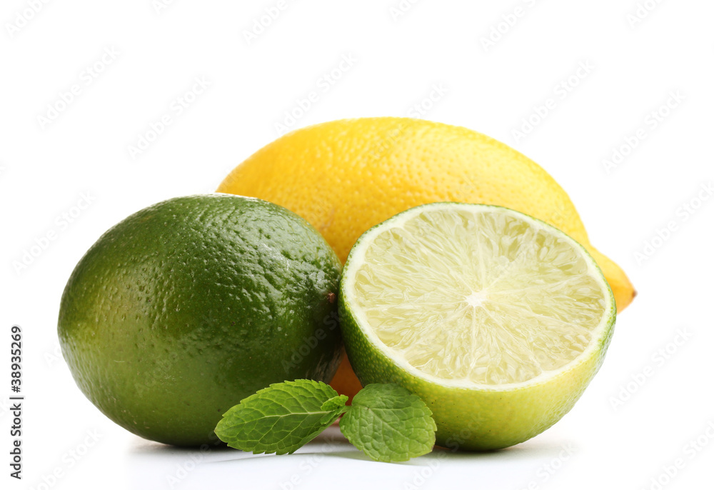 Fresh lime and lemon with mint isolated on white Fresh lime and lemon with mint isolated on white