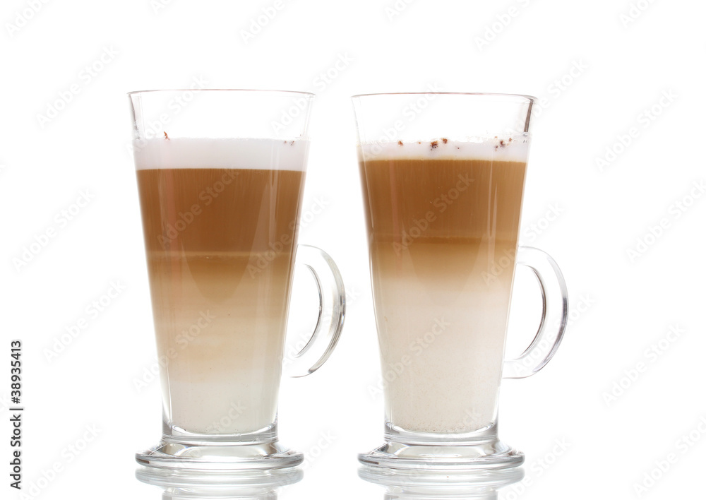 Fragrant сoffee latte in glass cups isolated on white Fragrant сoffee latte in glass cups isolated on white