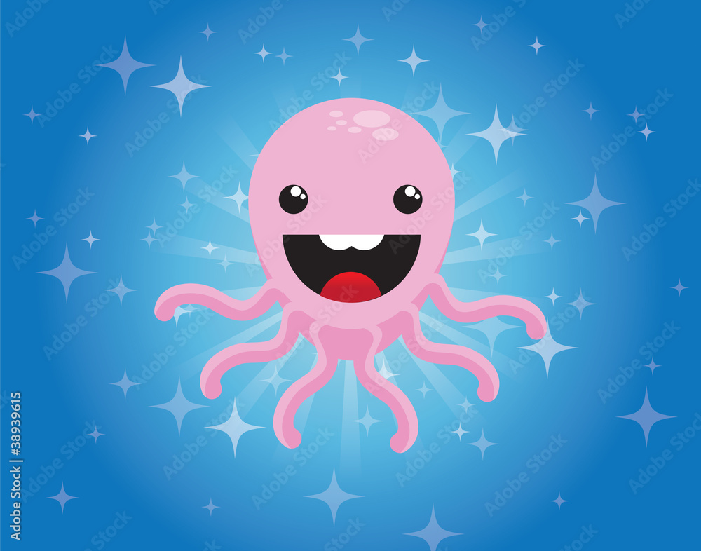 Cute cartoon octopus character on blue background Cute cartoon octopus character on blue background