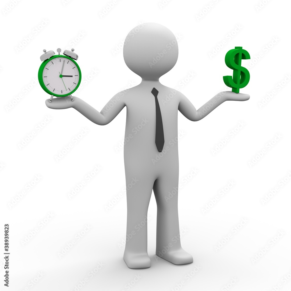 3d männchen balance zwischen Zeit und Geld (Dollar) Stock Illustration