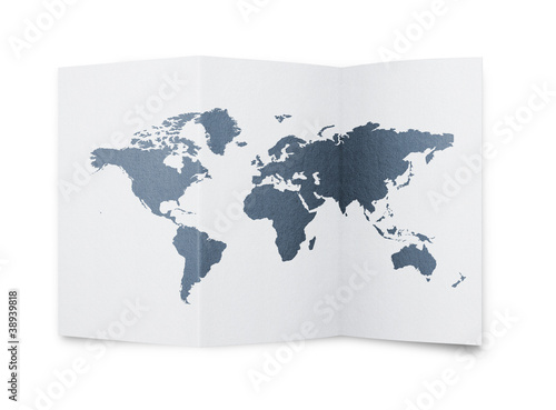 World map at bent paper sheet
