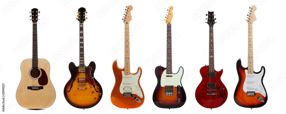 Group of six guitars on white background - obrazy, fototapety, plakaty 