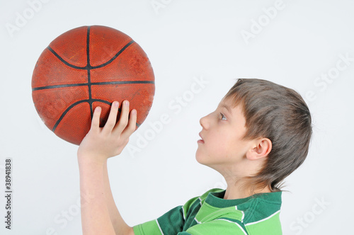 A boy throws a basketball