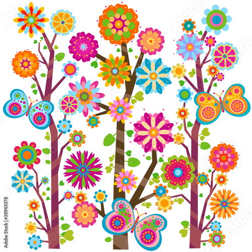 floral tree and butterflies