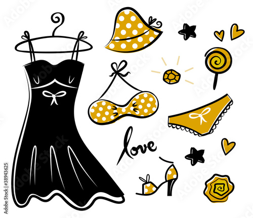 Fashion retro yellow icons and accessories for romance girl