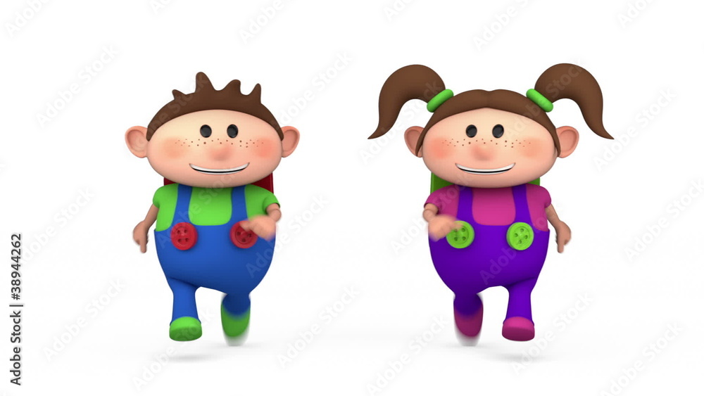 cute school kids running - back to school concept
