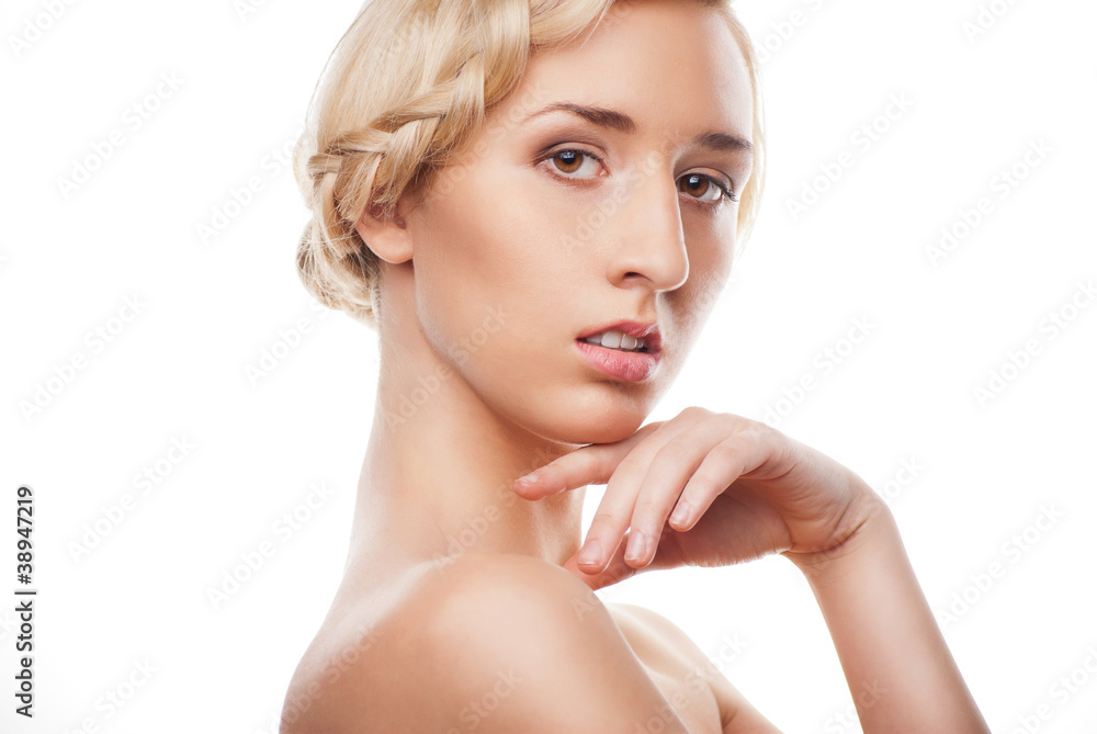 blond woman with hairstyle with pigtail blond woman with hairstyle with pigtail