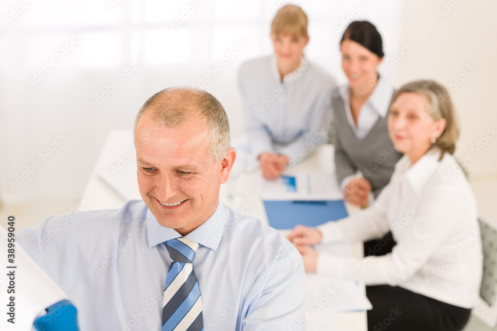 Giving presentation businessman point flip-chart Giving presentation businessman point flip-chart