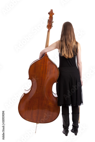 back view of young woman with double bass