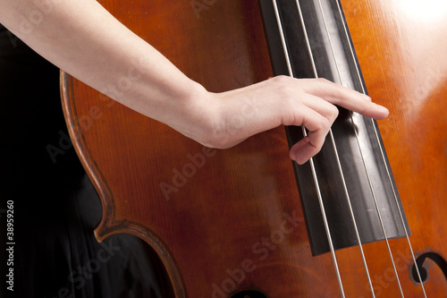 close-up on hand on bass playin pizzicato