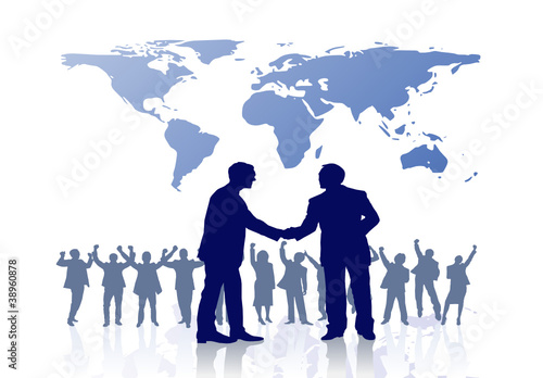 businessmen shaking hands on world map background,vector image