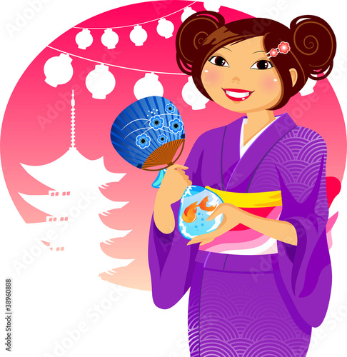 girl in kimono at the traditional summer festival