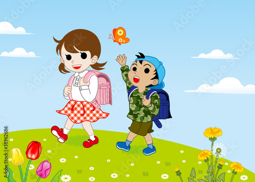 小学生春の野原