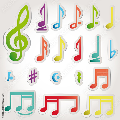 Vector music note icon on sticker set.