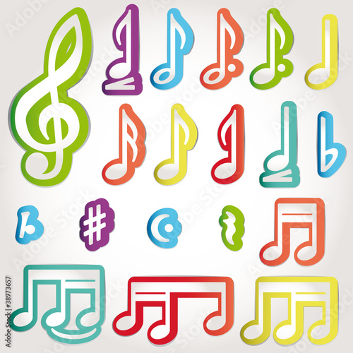 Vector music note icon on sticker set.