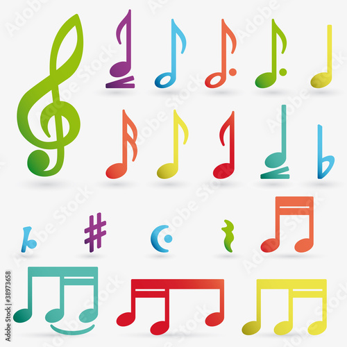 Vector music note icon on sticker set.