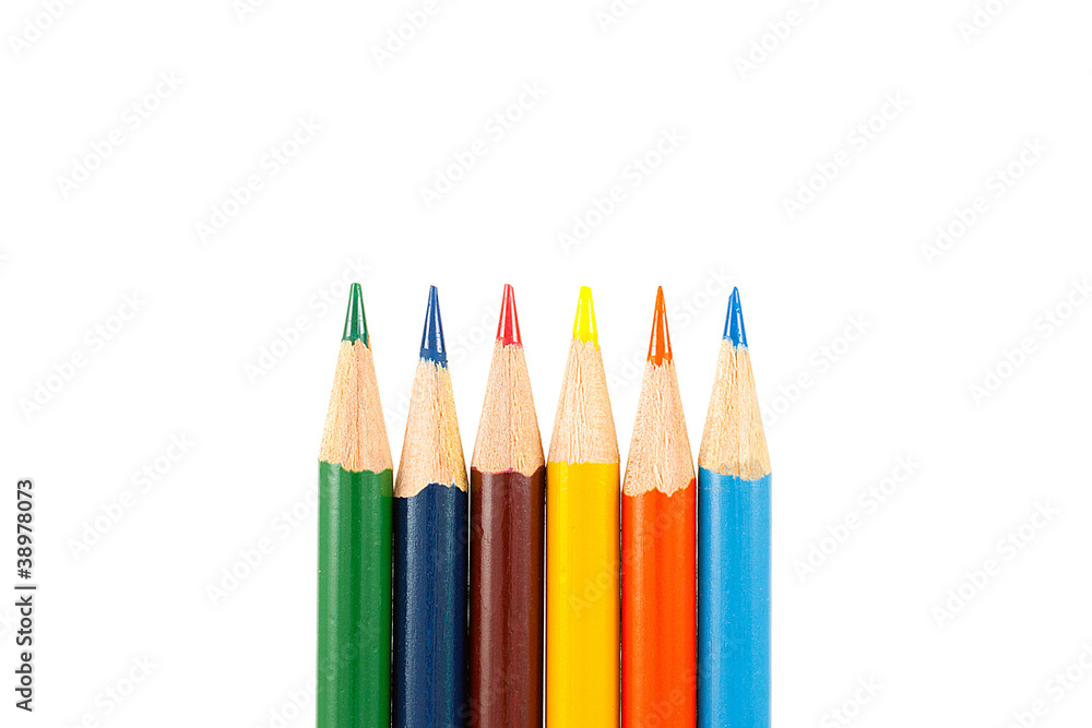 Close-up photo of six sharpened color pencils Close-up photo of six sharpened color pencils