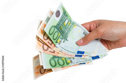 Human hands holding money over white background