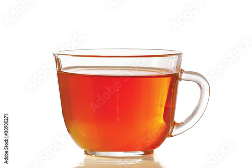 Cup of fresh tea on a white background