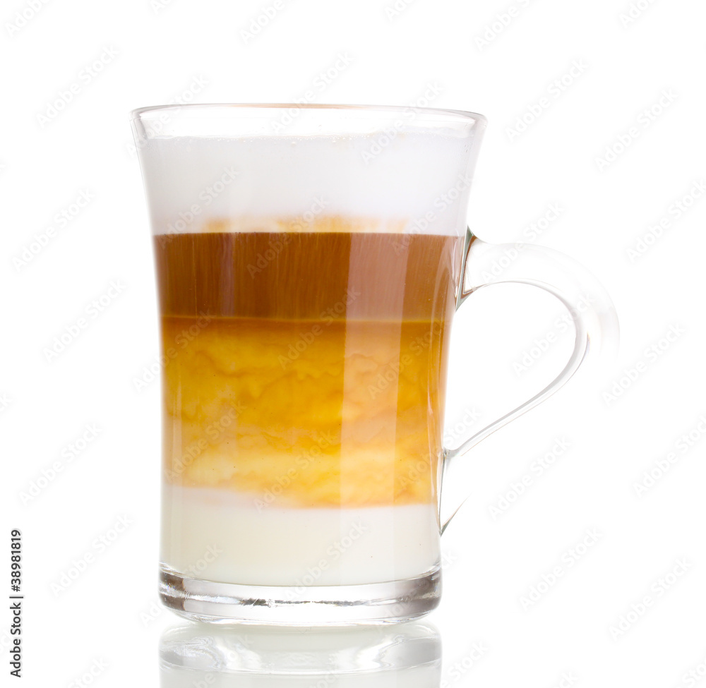 Fragrant сappuccino latte in glass cup isolated on white Fragrant сappuccino latte in glass cup isolated on white