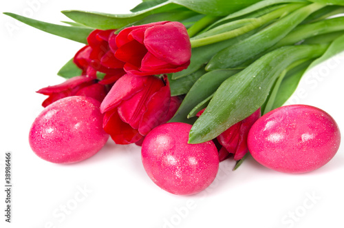 Easter eggs and tulips over white