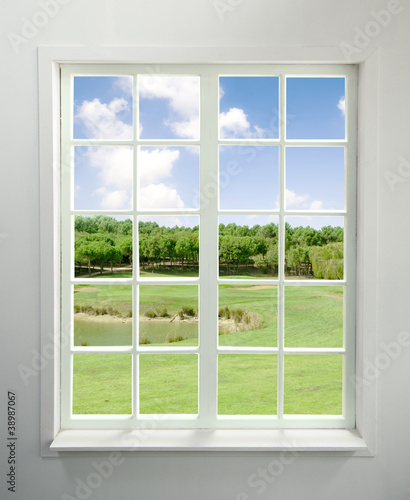 Modern residential window with lake view