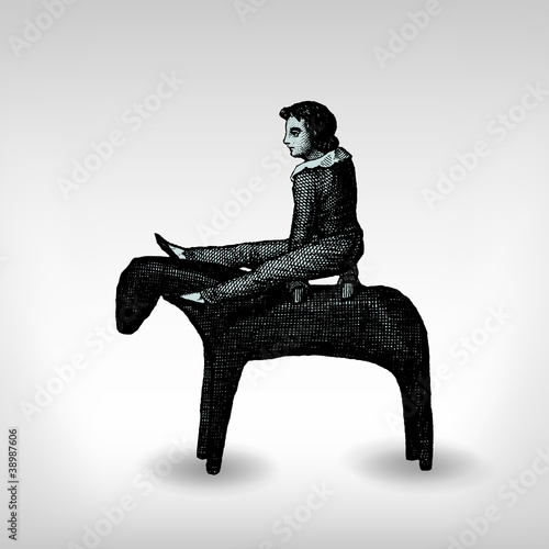 Engraving vintage Acrobat with horse.
