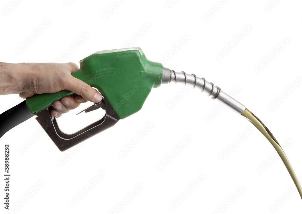Male hand wasting gas with green pump isolated on white Male hand wasting gas with green pump isolated on white