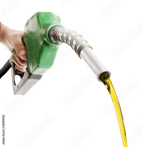 Photography Male hand wasting gas with green pump isolated on white