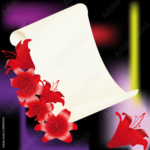 lily with old vellum on black background