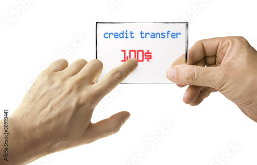 Male hand transferring money with futuristic credit card