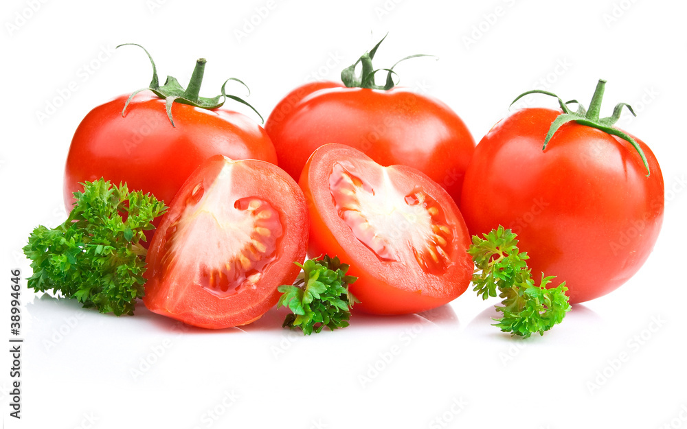 Ripe Tomatoes and parsley leaves on White with Clipping Path Ripe Tomatoes and parsley leaves on White with Clipping Path