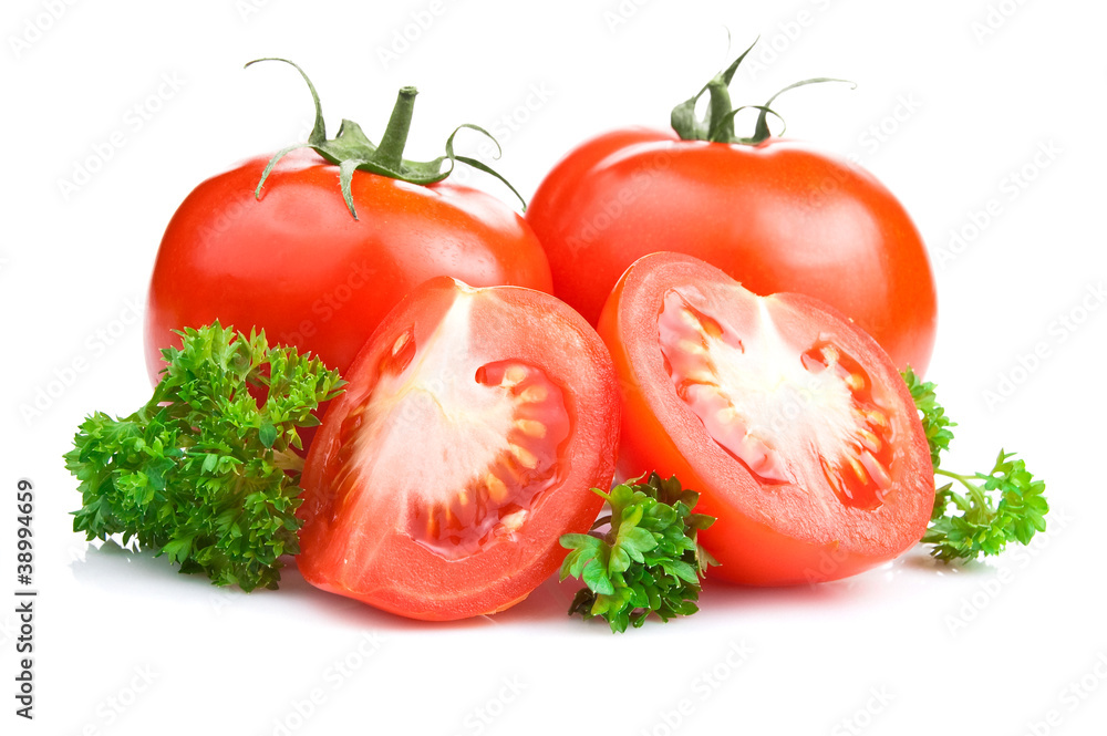 Ripe Tomatoes and parsley leaves on White with Clipping Path Ripe Tomatoes and parsley leaves on White with Clipping Path