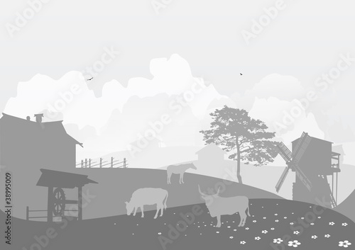 country landscape with farm animals on field