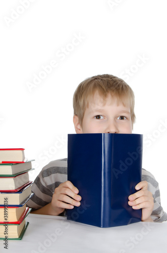 The boy reads the book isolated on white © Vladimir Voronin