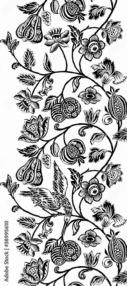 Seamless composition with a bird sitting on a blooming branch Seamless composition with a bird sitting on a blooming branch