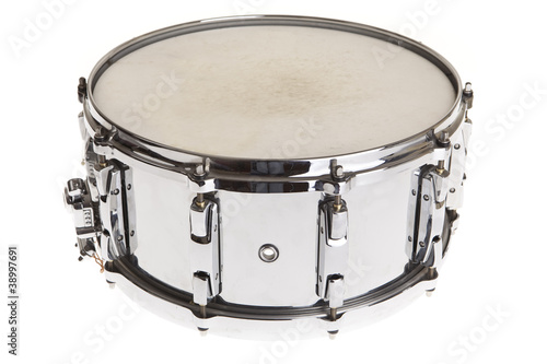 Big metal snare drum isolated on white