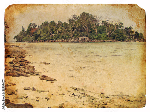 Tropical landscape, Seychelles. Old postcard photo