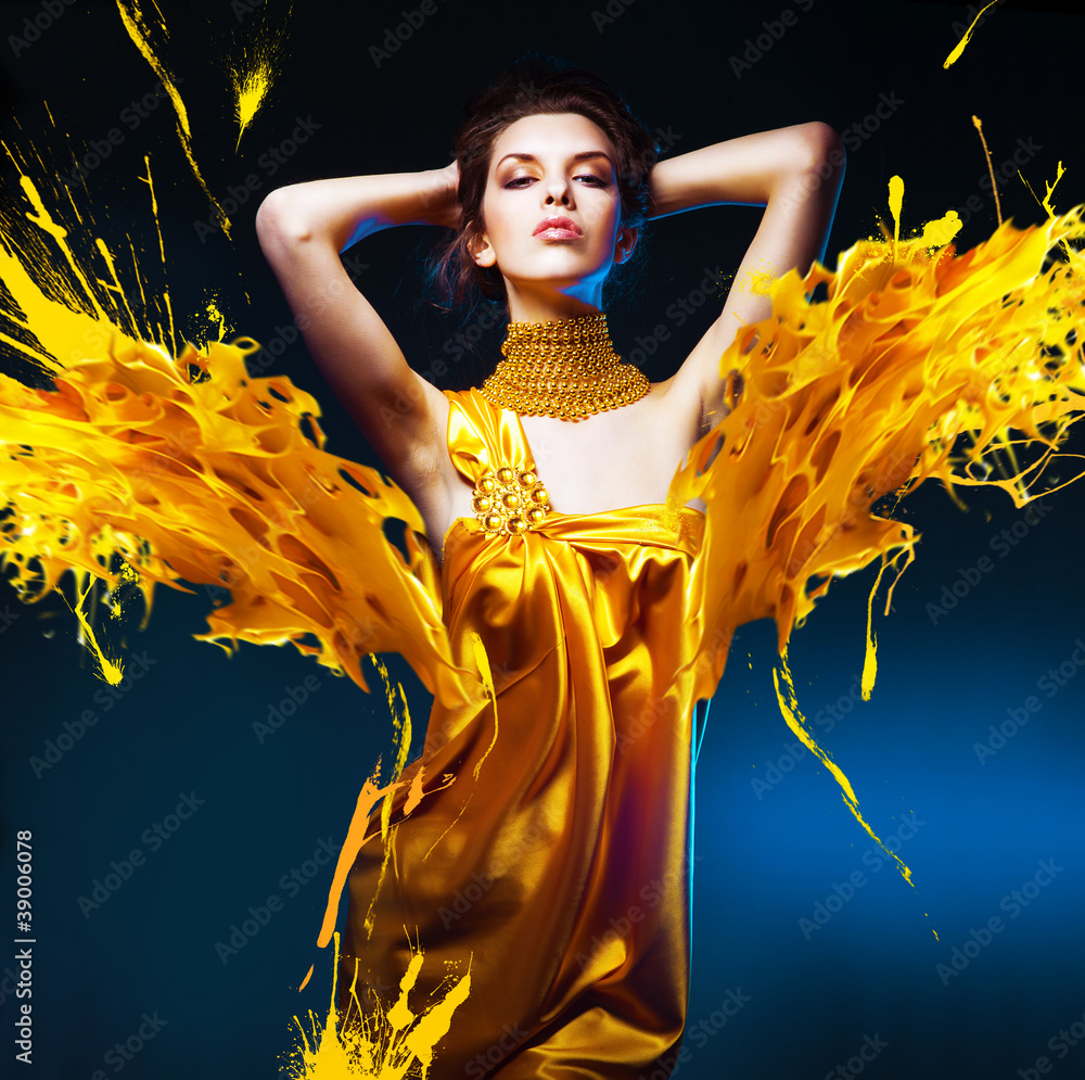 gold paint dress Photography Poster sensual attractive woman in yellow and splash Fabric:Sequin