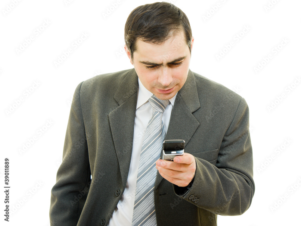 businessman looking at the phone on a white background businessman looking at the phone on a white background