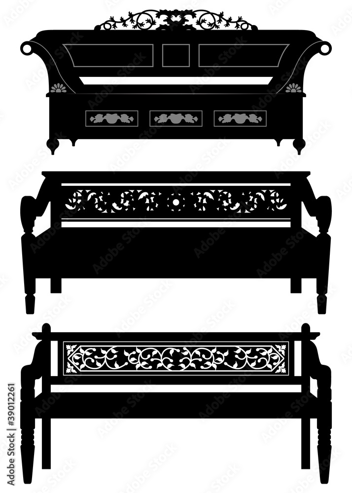 Asian Antique Chair Bench Furniture in Silhouette Asian Antique Chair Bench Furniture in Silhouette