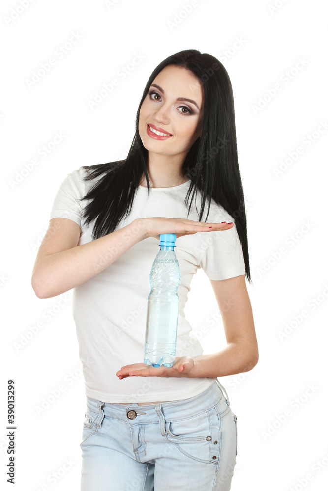 beautiful young girl and bottle of water isolated on white beautiful young girl and bottle of water isolated on white