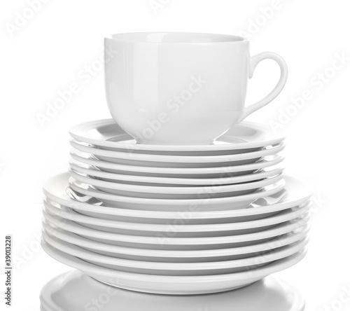 Clean plates and cup isolated on white