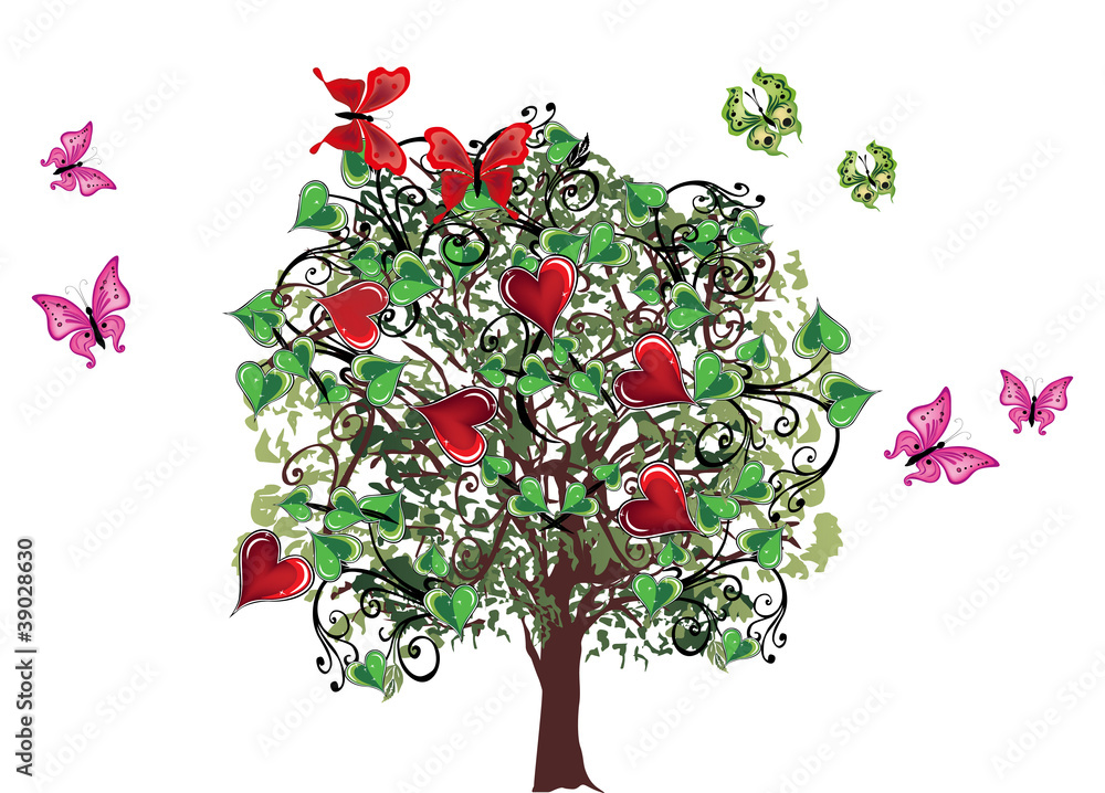 butterflies and green tree with hearts