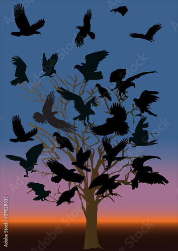 lot of ravens on dead tree