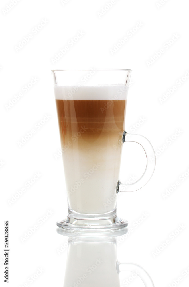 Fragrant сoffee latte in glass cup isolated on white Fragrant сoffee latte in glass cup isolated on white