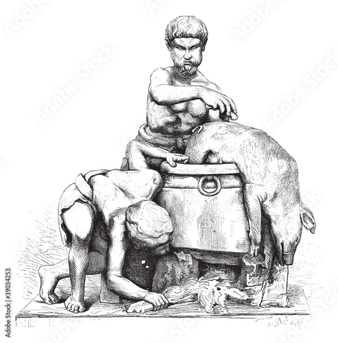 Museum of Naples (SCUD). Two men who peel a dead boar, marble gr