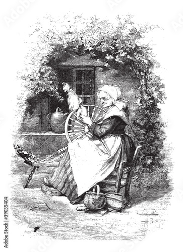 The Spinner, vintage engraving.
