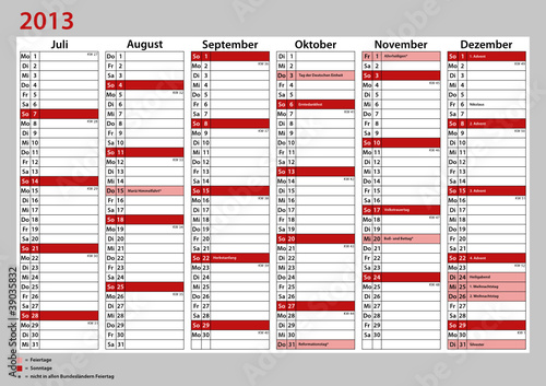 Kalender Deutschland 2013 Juli - Dezember